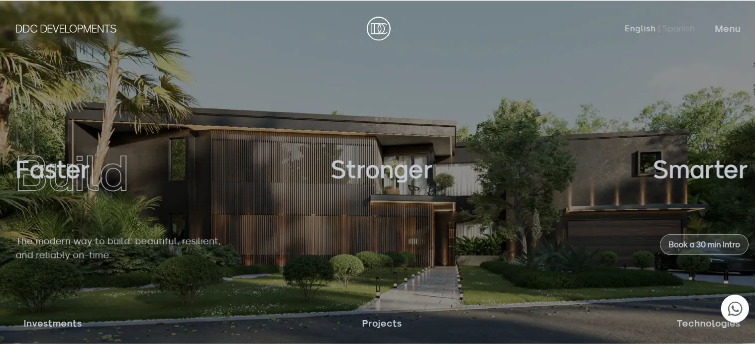 Home page of the DDC Developments website, a modular home builder, showing a modern house