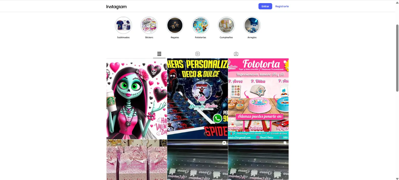 Deco & Dulce Instagram profile with posts of photo cakes and custom stickers