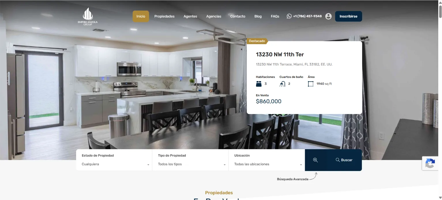 Home page of the Empire Anzola Group website, with a featured property for sale