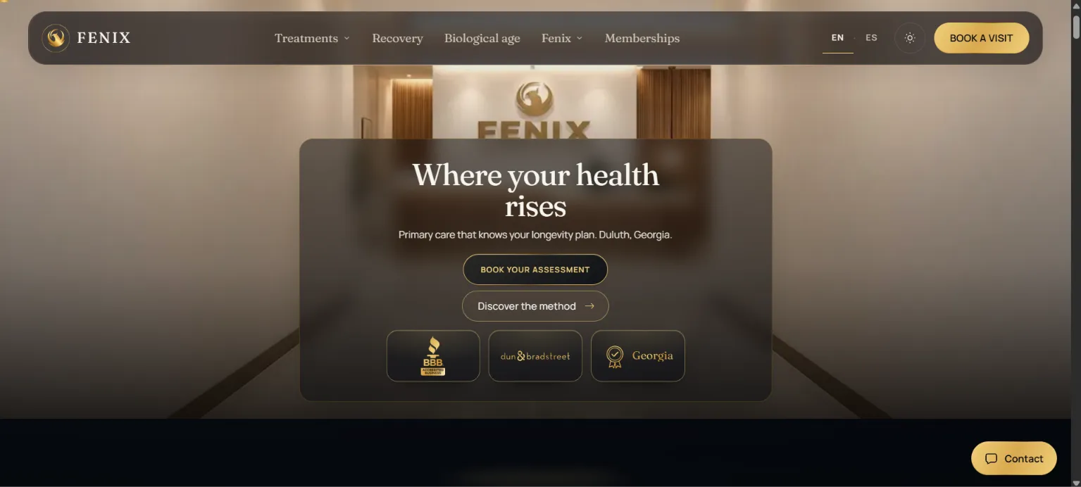 Home page of the Fenix Medical Center website, a health and longevity clinic