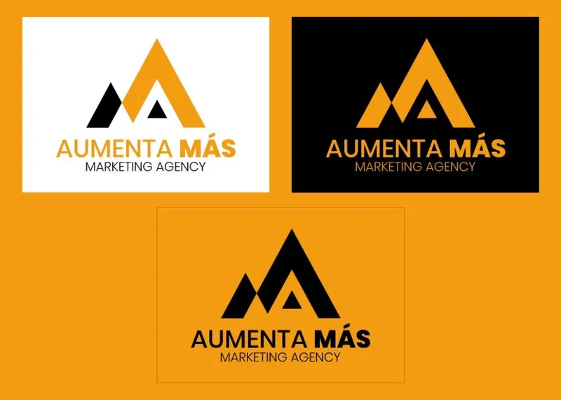 The three versions of the Aumenta Más logo on white, black and orange backgrounds: an example of a visual identity with its color variants
