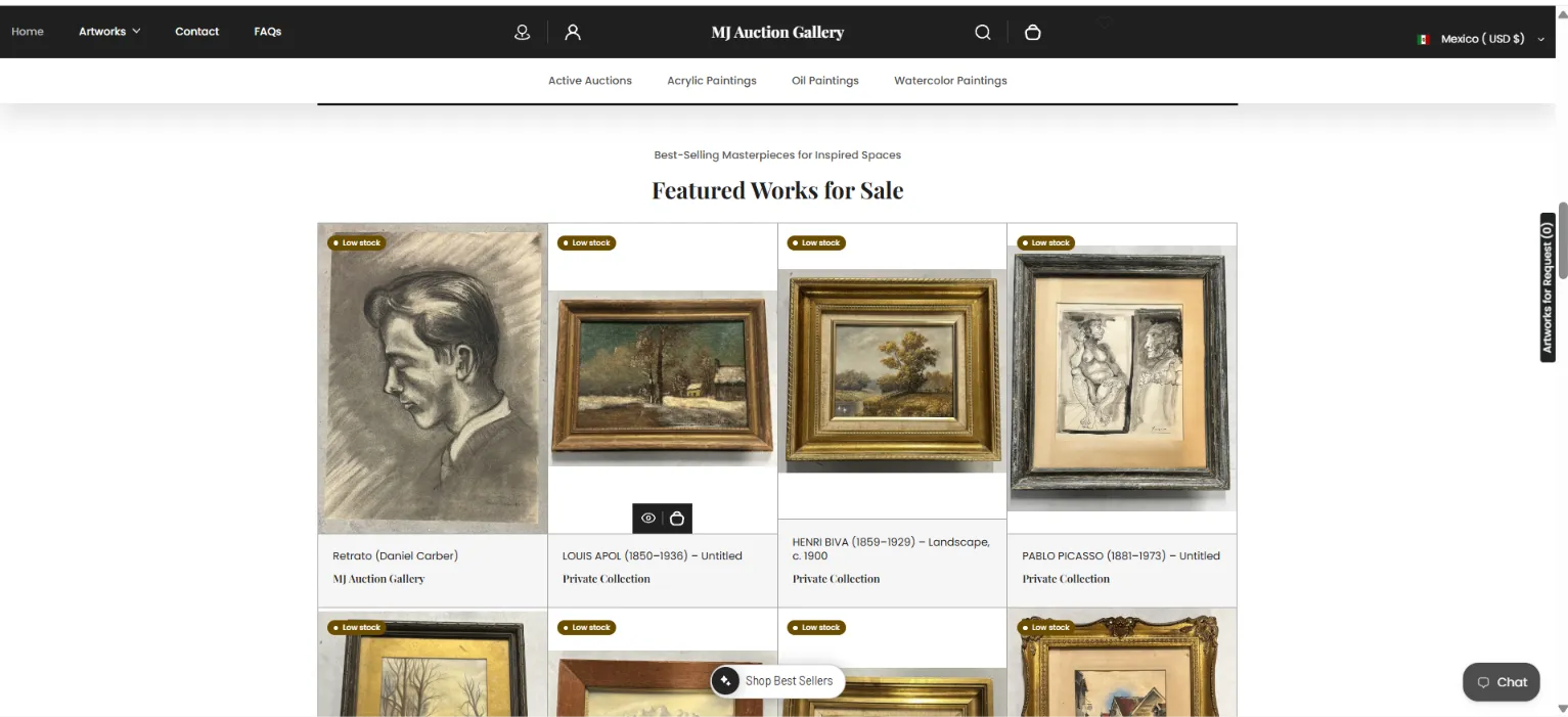 Home page of the MJ Auction Gallery online store, a modern and contemporary art gallery