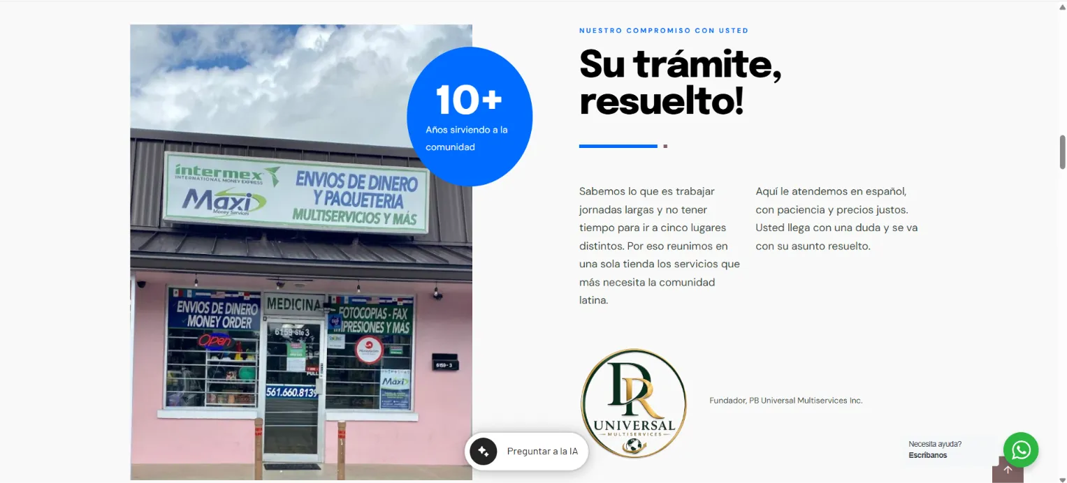 Section of the PB Universal Multiservices website showing the storefront of its money transfer and shipping store