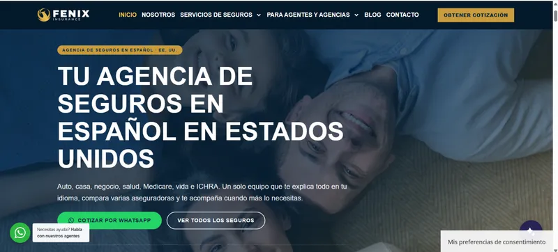 Home page of the Fenix Insurance website, a Spanish-language insurance agency in the U.S., designed by Aumenta Más